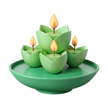 Green Leaf Candles with Flames on a Tray png
