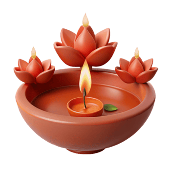 Three Lotus Flowers Adorn a Lit Candle in a Clay Bowl png