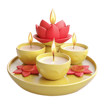 Four Lit Candles with Lotus Flower on Golden Tray png