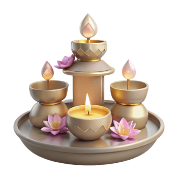 Golden Candles and Lotus Flowers on a Tray png
