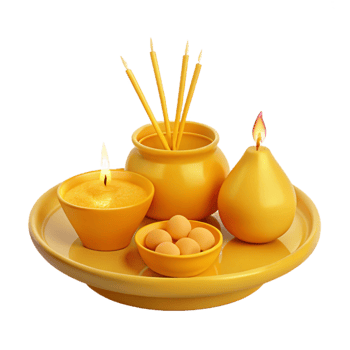 Golden Ritual Tray with Candles, Incense Sticks, and Offerings png