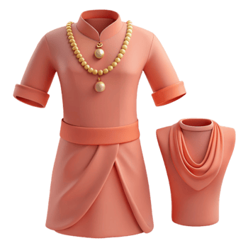 Peach Colored Outfit with a Draped Neckline and Pearl Necklace png