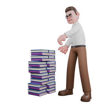 Male Sociologist 3D Model. A male sociologist is standing up wanting to pick up several stacks of books in front of him. Male Professional png