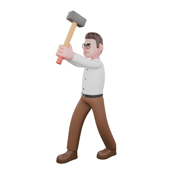 Animated Professional Sociologist. A male sociologist stands with a hammer raised with both hands. Social Research Model png