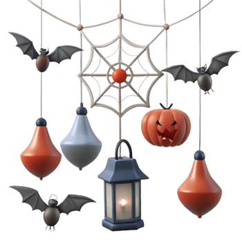 Halloween Decorations Bats, Web, Pumpkin, and Lantern png