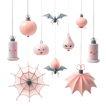 Pink Halloween Decorations with Bats, Spiders, and Pumpkins png