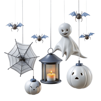 Halloween Decorations Ghost, Spiders, Pumpkin, and Lantern png