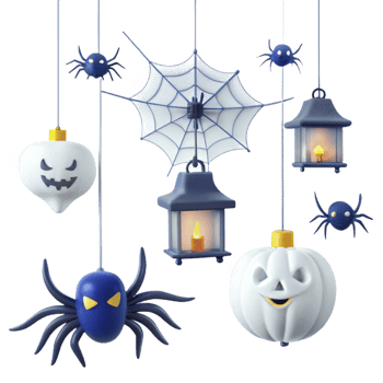 Spooky Halloween Decorations with Hanging Lanterns, Spiders, and Ghosts png