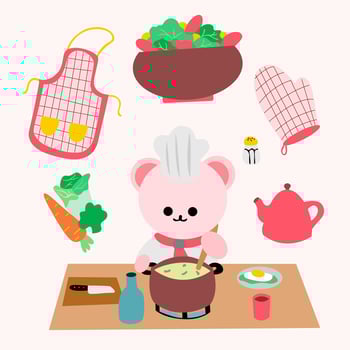 a picture of a cute bear cooking with a pot of food. vector