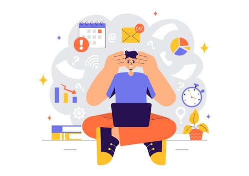 Stressed Employee Handling Multiple Tasks Illustration with Office Paperwork in Flat Style vector