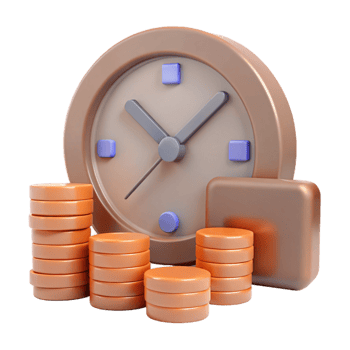 Time is Money Clock and Coin Stacks 3D Render png