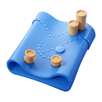 3D Rendered Treasure Map with Coins and a Dotted Path png