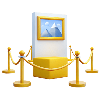 Golden Rope Barriers Surround a White Gallery Display with a Framed Image png