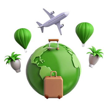 Travel the World Airplane, Hot Air Balloon, Suitcase, and Plants png