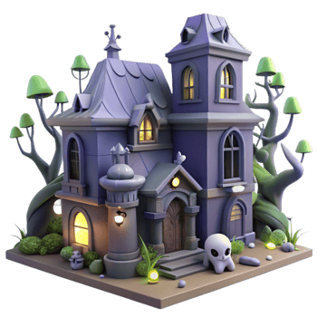 Haunted House 3D Model Spooky Mansion with Glowing Windows and a Ghost png