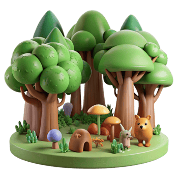 3D Cartoon Forest Scene with Trees, Mushrooms, and Animals png