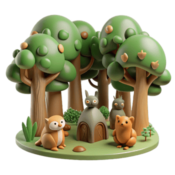 Cute 3D Cartoon Animals in a Forest Scene png