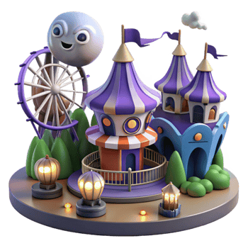 3D Cartoon Amusement Park with Ferris Wheel and Colorful Buildings png