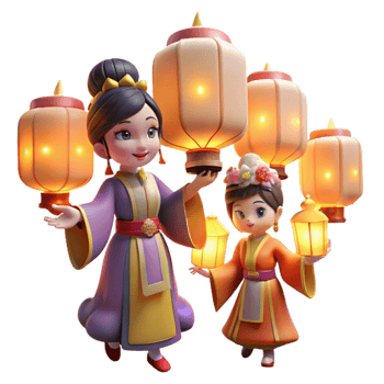 Two Girls Holding Lanterns in Traditional Chinese Clothing png