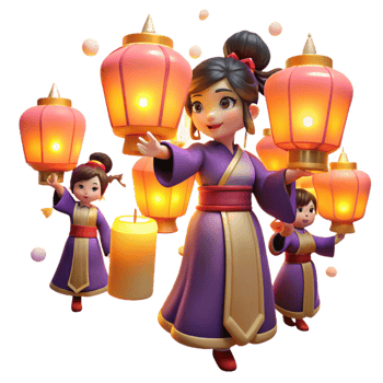 Three Cartoon Girls Holding Illuminated Lanterns png