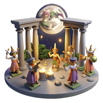 Fantasy Characters Gather Under a Moonlit Sky png
