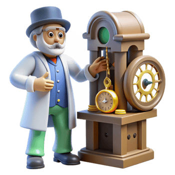 Clock Repair A 3D Cartoon Illustration of a Watchmaker Fixing a Pendulum Clock png