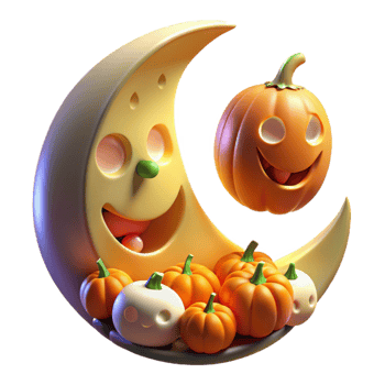 Smiling Crescent Moon with Pumpkins for Halloween png