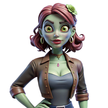 3D Rendered Green-Skinned Woman with Pink Hair and Leather Jacket png