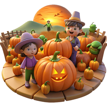 Cute Cartoon Kids Picking Pumpkins in a Fall Patch png