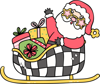 Groovy Retro Christmas Santa with disco sleigh and gifts cartoon doodle hand drawn png