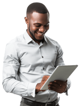 businessman smiling while using tablet isolate on transparency background png