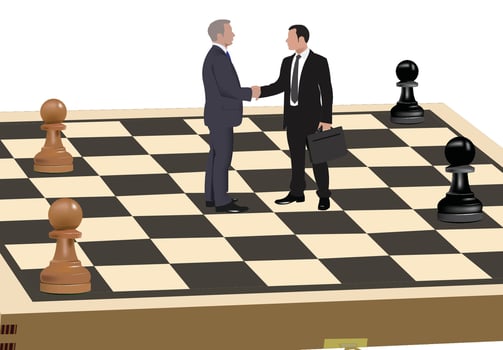 Businessmen shaking hands on a chessboard vector
