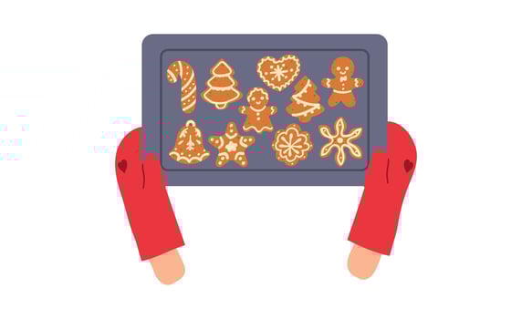 Hand in red gloves holding tray with tasty gingerbread cookie collection. Cooking dessert for Christmas dinner. Making sweet traditional food. Isolated flat illustration vector
