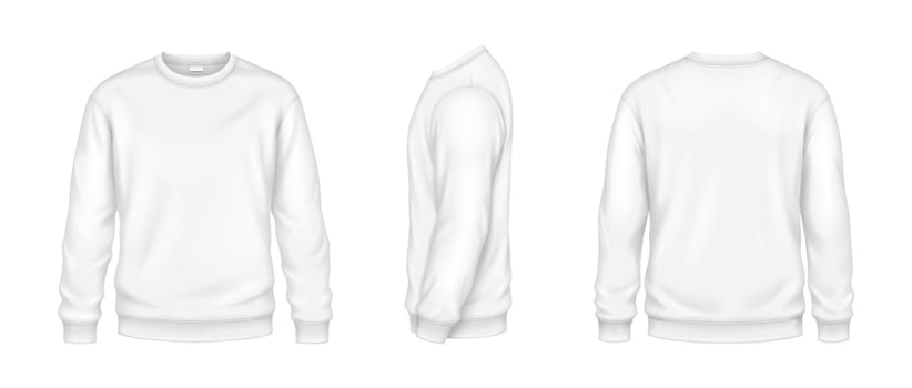 Sportive sweatshirts of white color mockup realistic illustrations set. Casual clothing template 3d model on white background vector