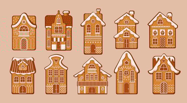 Christmas gingerbread houses with icing flat color objects set. Winter holiday building shaped cookies illustrations on pink background vector