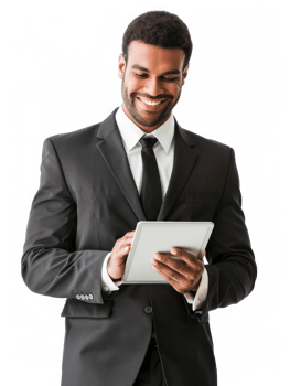 businessman smiling while using tablet isolate on transparency background png
