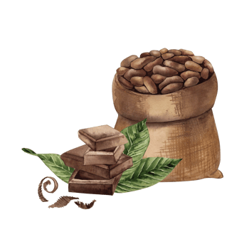 Cocoa beans in burlap with leaves and chocolate pieces watercolor illustration. Hand drawn jute bag full of beans and seeds in brown and green tones for botanical style chocolate packaging design png