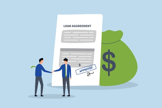 Loan agreement borrow money from bank, businessman is shaking hands while holding a loan agreement and a bag of money. vector