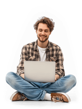 A man is sitting cross-legged on floor with a laptop on his lap , he is looking happy. isolate on transparency background png