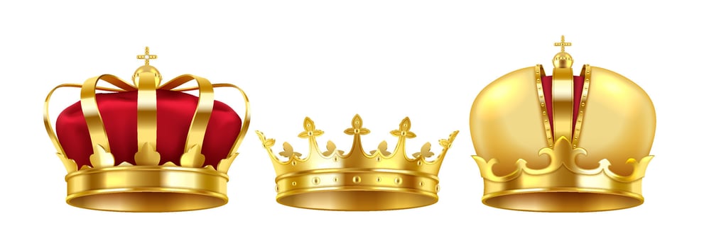 Magnificent gold imperial crowns with red velvet illustration set. Collection of luxury jewelry items 3d object on white background vector