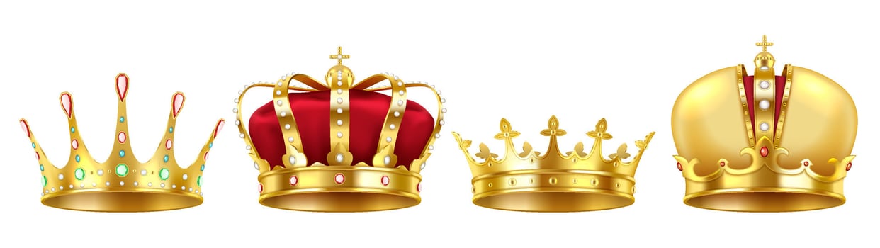 Crowns of royal family with gemstones illustration set. Luxury jewelry symbolizing richness and authority 3d object on white vector