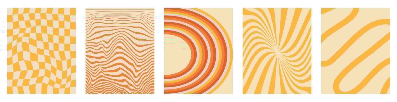 Set trendy twirl backgrounds. Simple collection hippie design. Y2k style. Shape. Liquid tile. Flat paper. Groovy swirl. Retro psychedelic aesthetic pattern. Doodle geometric lines. Distorted. Waves. vector