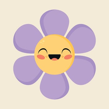 Cute cartoon daisy flower character in childish style is smiling. Happy flower icon in flat design vector