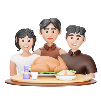 A family of four is sitting around a table with a turkey png