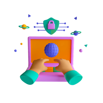 Hands on laptop with globe and other objects png