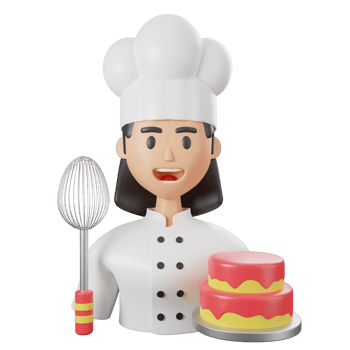 A woman in a chef hat holding a cake and a whisk png