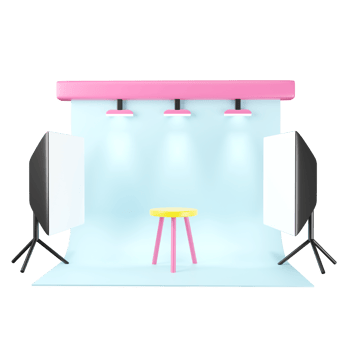 A photo studio with a pink chair and a white table png