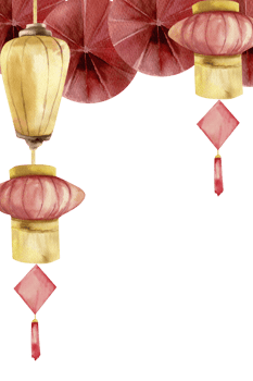 Lunar Spring festival greeting card template with Chinese red paper lantern, hanging yellow lights and asian traditional fans watercolor illustration. New year invitation, poster design. png