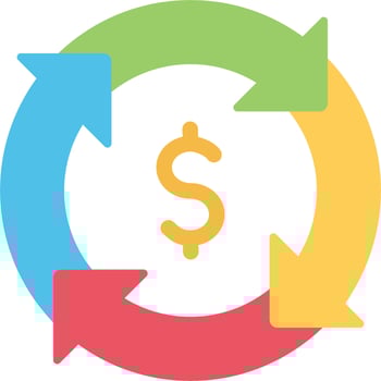 A colorful circular icon with arrows pointing to a dollar sign vector