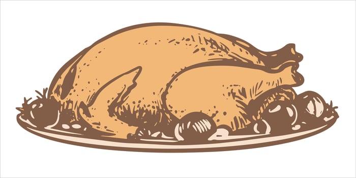 Hand drawn roast turkey in a plate with vegetables. sketch of Christmas dish in engraving style. Baked chicken with vegetables on a plate for thanksgiving party. Linear ink drawing. vector